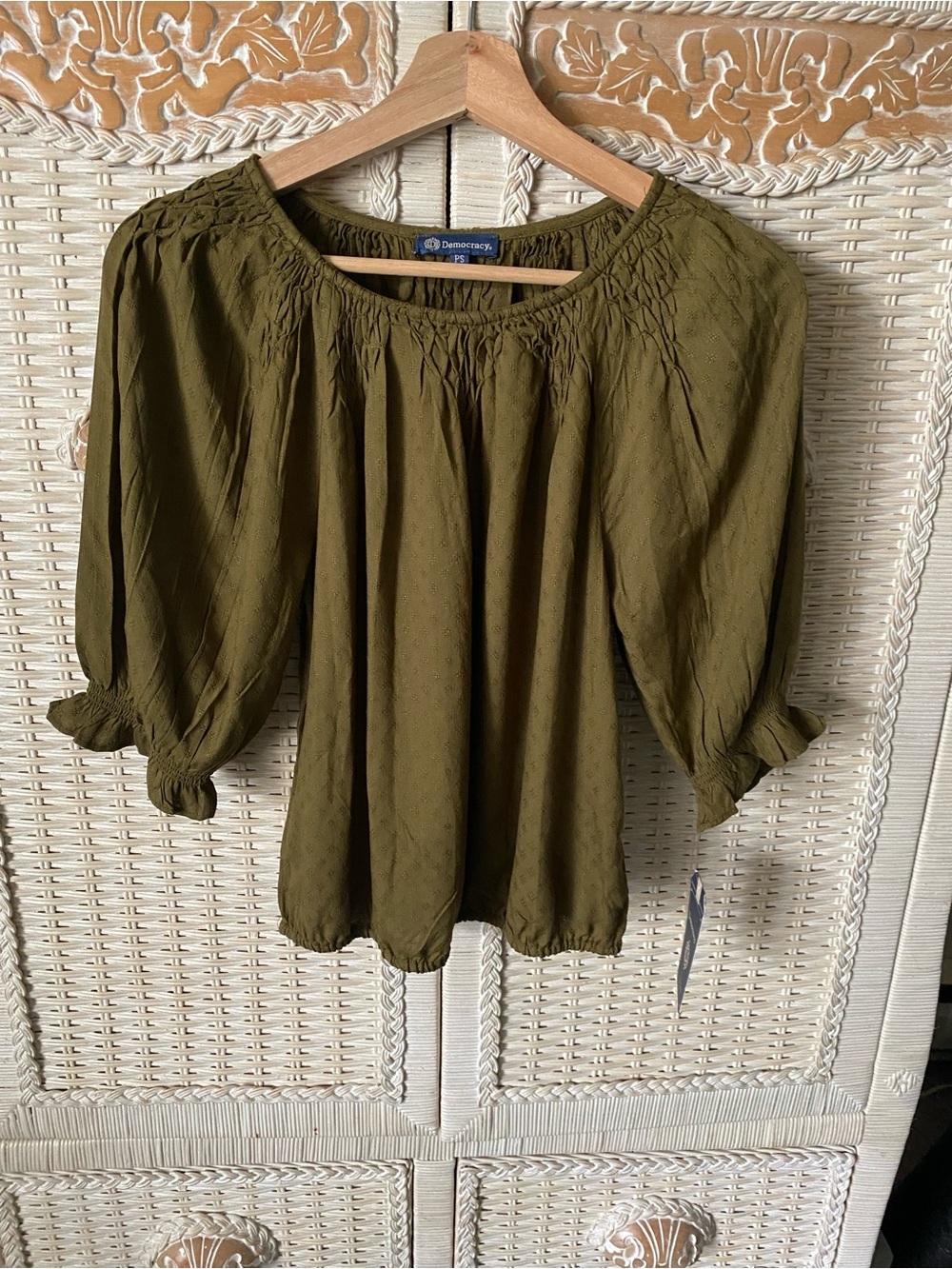 Democracy Olive Green Smocked Peasant Top..New with tags..Sz Small